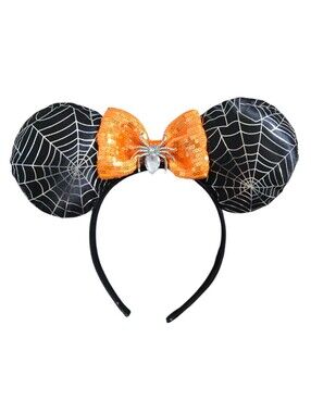 Disney Parks Minnie Mouse Black Orange Bow Halloween Headband Spider Web Ears